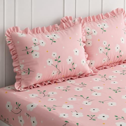 Image of 350 TC Premium Heavy Cotton Feel Elastic Fitted Bedsheet King Size with 2 Frill Pillow Covers King Size || Double Bed with All Around Elastic (Pink Floral, Queen)