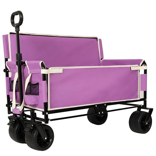 Image of 3-in-1 Heavy-Duty Convertible Folding Wagon Cart with Bench Seat & Storage – 500lb Capacity, 180L All-Terrain Wagon for Camping, Beach, Sports, & Garden – 360° Swivel Wheels (Purple)