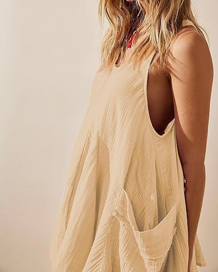 Image of Women Casual Dresses Sleeveless Scoop Neck Backless Tunic Mini Dress Loose Flowy Tank Sundress with Pockets