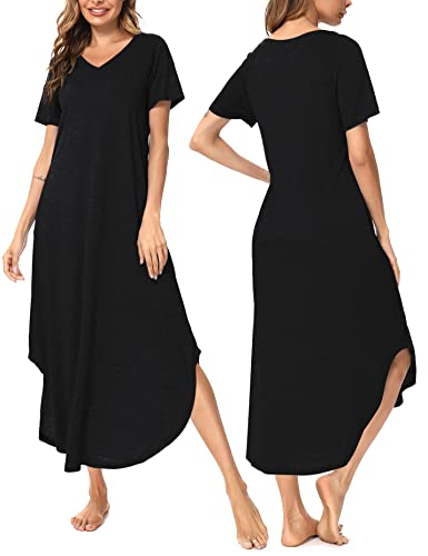 Marvmys Women Short Sleeves Long Nightgown Super Soft Sleepwear Comfy V Neck Cotton Nightshirts with Pocket2