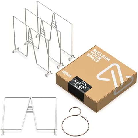 Neatly Made White Wire Shelf Dividers for Closet Organization 4-Pack - Sturdy and Easy Set-Up Closet Shelf Dividers for Wire Shelving 12 inches deep with Bonus Rose Gold Hanger Cover