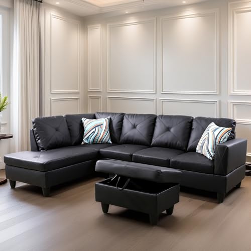 FONTOI Leather Sectional Couch, Modern L Shaped Couches for Living Room, Comfy 4 Seat Modular Sectional Sofa with Ottoman Storage for Bedroom Apartment, Black