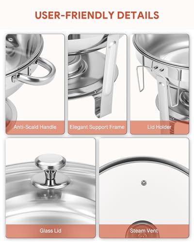 WILPREP Chafing Dish Buffet Set, 4 Pack 5 qt Round Chafers for Catering with Glass Lid & Lid Holder Water Food Pan Fuel Holder, Stainless Steel Food Warmers for Parties Buffets Banquets Dinners - Thumbnail 6