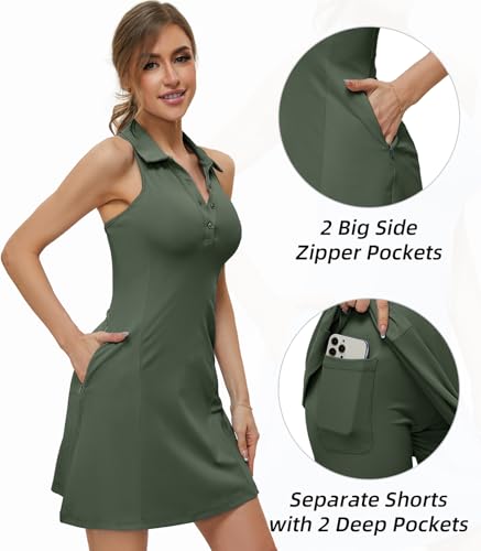 Vestido feminino de tênis nadador com bolsos com zíper, vestido polo de golfe feminino, vestido atlé