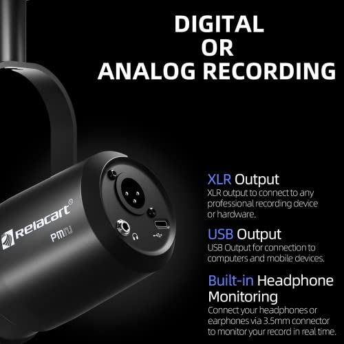Relacart Pm2 Usb/Xlr Vocal Dynamic Podcast Microphone For Podcast, Live Streaming, Studio Recording And Voice Over, All Metal Cardioid Mic, Built-In Headphone Output, Voice Isolation Technology Black #TOP3