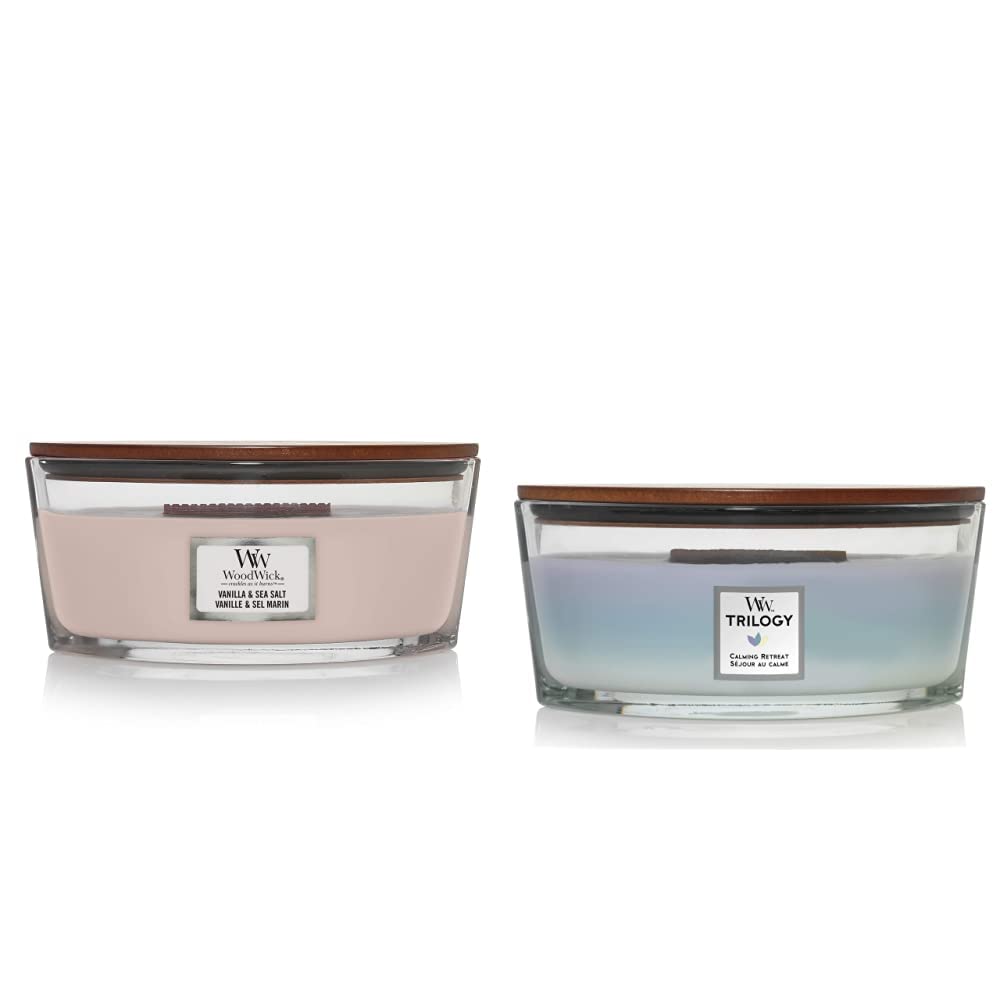 WoodWick Ellipse Candela Profumata con Stoppino Scoppiettante, Vaniglia E Sale Marino, Fino A 50 Ore, Cera, Rosa, 19x9x12 cm, 680 unità & Ellipse Trilogy Candela Profumata Con Stoppino Scoppiettante