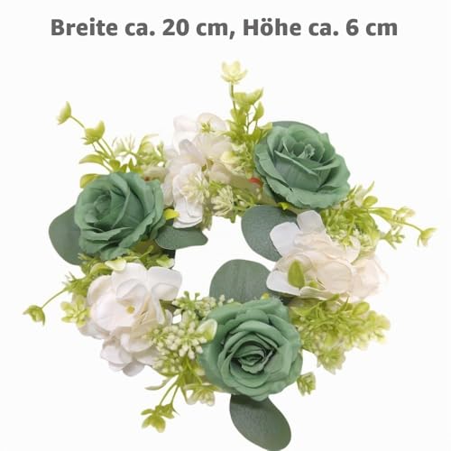 Huilimei 4 Stück Kerzenringe, Kränze, künstliche Hortensienkranz, Kerzen, Kränze für Säulen, Weihnachten, Hochzeit, Zuhause, Tischdekoration, Grün
