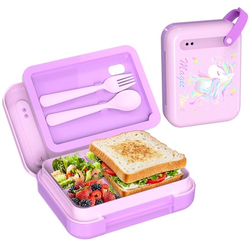 Image of Kids Bento Lunch Box for Boys & Girls - 4-Compartment Leak-Proof Lunch Container with Hidden Silicone Handle, Lightweight, BPA-Free, 855ml for School & Travel (Unicorn)