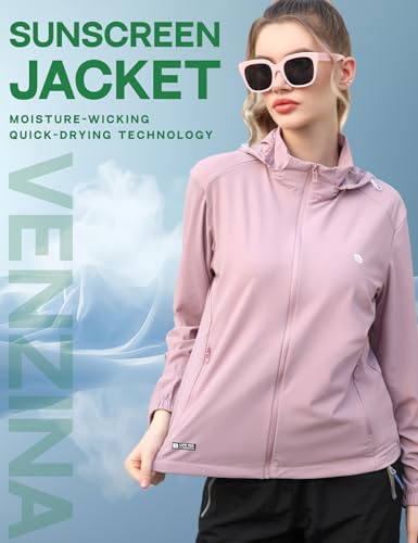 Image of Venzina UPF 150+ Sunscreen Jacket for Women, Stylish Sun Protection Jackets for Women, Cool Feel Quick Dry Sun Hoodie, Modern Fit with Removable Hat & Zip Pocket, for Driving, Camping