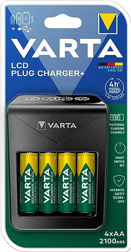 VARTA Cargador de Pilas, incl. 4X AA 2100mAh, cargador para pilas AA/AAA/9V recargables y dispositivos USB, LCD Plug Charger+, carga a ranura única