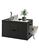 MUTTROS Rattan Cat Litter Box Enclosure - Hidden Litter Box Furniture by Handwoven Wicker with Taller Doorway & Raised Edge Mat-Cat House Cabinet for Large Cats Indoor Living Room Odor Control, Black