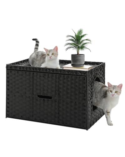 MUTTROS Rattan Cat Litter Box Enclosure - Hidden Litter Box Furniture by Handwoven Wicker with Taller Doorway & Raised Edge Mat-Cat House Cabinet for Large Cats Indoor Living Room Odor Control, Black