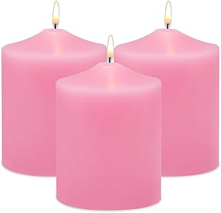 Unscented Pink Pillar Candles, 45 Hour 3x4 Inch Dripless Tapered Fat Column Cylinder Candles for Valentine's Day Home Party Holidays, 3 Packs