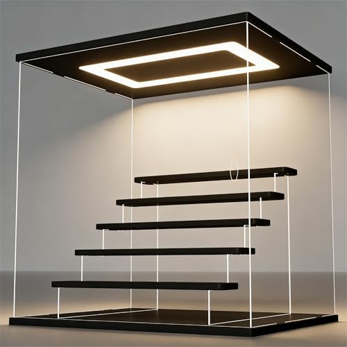 Image of Clear Acrylic Display Case with LED Light, 6 Tier Dustproof Showcase for Collectibles, Figures & Model Cars, Stackable Display Box (Black, 15x12x15 in)
