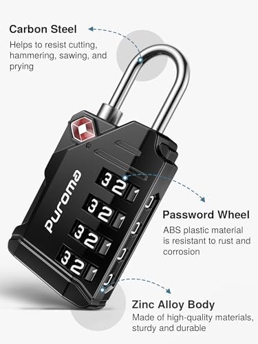 Puroma TSA Approved Travel Luggage Locks, 4 Pack Black 4 Digit Resettable Combination Code Lock with Zinc Alloy Body for Suitcase, Backpack, Laptop Bag, Gym Locker, Toolbox - 5