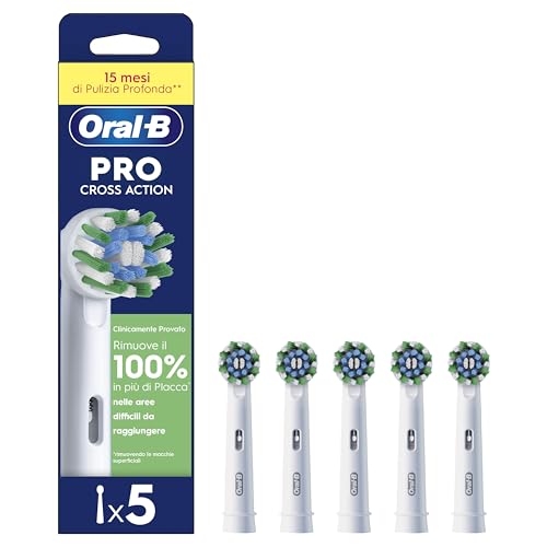 Oral-B Cross Action Testine Spazzolino Elettrico, Confezione da 5 Testine di Ricambio Bianche, Setole Angolate che si Adattano a ogni Dente per una Pulizia Profonda