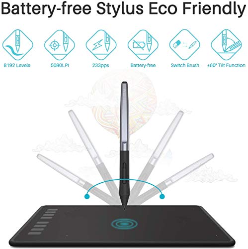 Tablet de desenho gráfico Huion Inspiroy H950P com resposta de inclinação Stylus sem bateria e canet