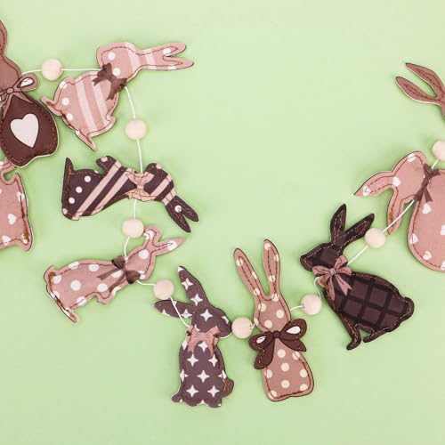 Image of Easter Felt Garland Brown Easter 3D Bunnies with Wooden Beads Banner Holiday Decorative Hanging Bunting Garland for Spring Home Mantel Fireplace Window Wall Decor