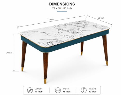 Image of WOODEN SPACE 6-Seater Wooden Dining Table Set | Nano Composite Marble Top | Solid Wood Base | Modern Dining Room Furniture with 6 Chairs (Seablue Frontline)