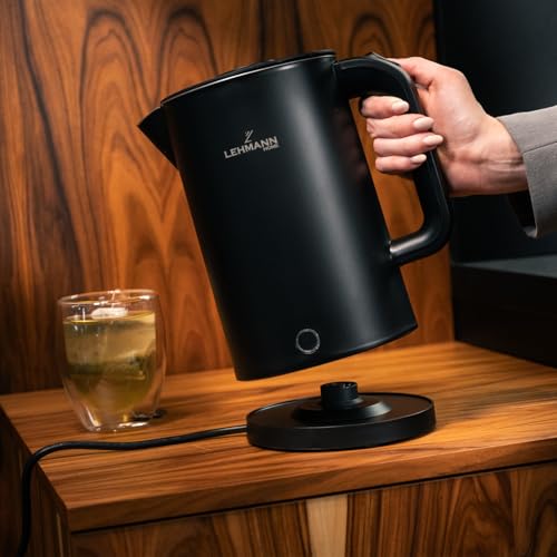 Foto von LEHMANN Elektrischer Wasserkocher Edelstahl 1,7L, 2200W, Schnelles Aufheizen, Doppelwand Design, Abschaltautomatik und Überhitzungsschutz, BPA-frei, für Babynahrung, Tee und Kaffee, Schwarz