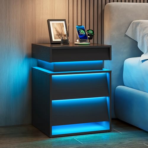 PIXOURA LED Nightstand with Charging Station, Modern Night Stand with