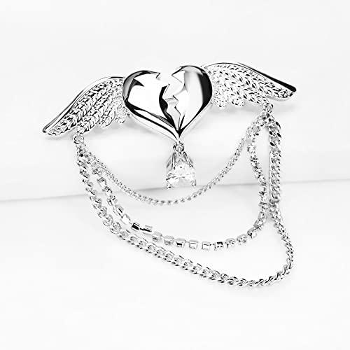 Image of Beating Heart with Angel Wings Brooch Lapel Pin Tassel Collar Pin Crystal Love Heart Brooch Badge