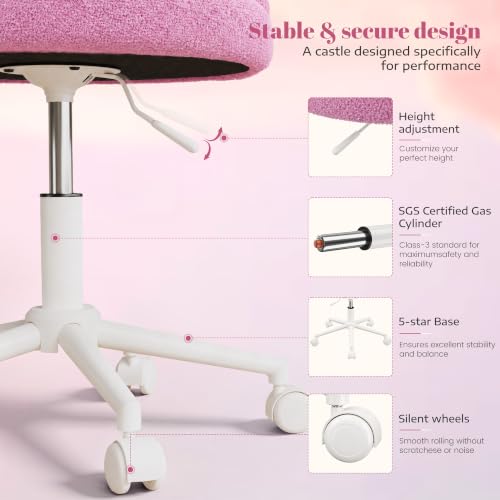 Image of DurayLoly Vanity Chair with Wheels & Open Back,Light Purple | Soft Teddy Fabric, Armless, 6 inch Thick Cushion, Height Adjustable, 300 lbs, 360 Swivel for Vanity Table, Home Office