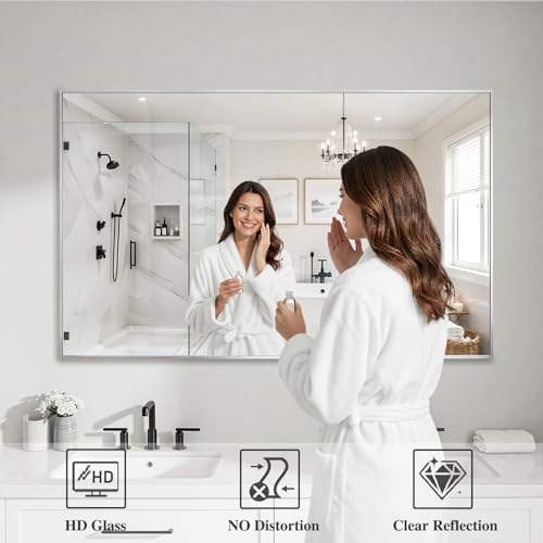 Image of Koonmi Silver Rectangle Wall Mirror, 30x48 Inch Bathroom Mirror, Aluminum Frame Vanity Mirror for Entryway, Living Room, Bedroom Bathroom, Hangs Horizontally or Vertically