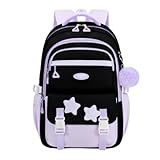 Amythe Rucksack Mädchen, Schulranzen für 3.-5. Klasse, Lässiger Große Kinderrucksack mit Pom-Pom-Anhänger & Sternenabzeichen, Leichter Schulrucksack Teenager mit Trolleyband -Schwarz