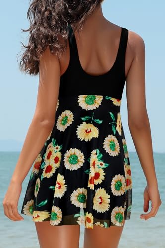 Image of SHEKINI Womens V Neck One Piece Swimsuit Net Yarn Modest Tummy Control Skirtini Swimdress Bathing Suits