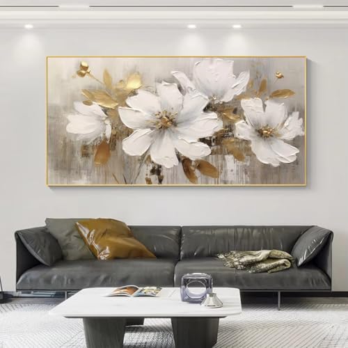 Grand format art mural de tableau abstrait de fleurs blanches 90x180cm sans cadre de salon - 3