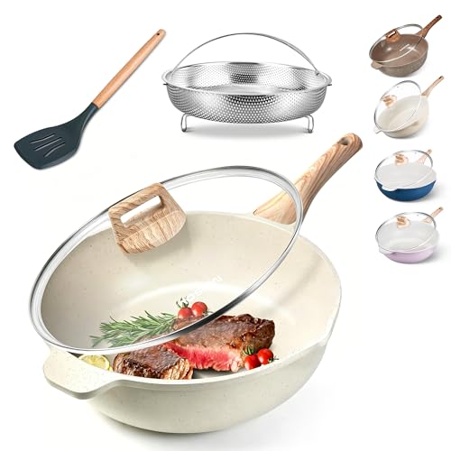 AOSION 11 Inch Nonstick Ceramic Deep Frying Pan with Lid & Steam Rack, 5QT Saut&eacute; Pan, Large Ceramic...