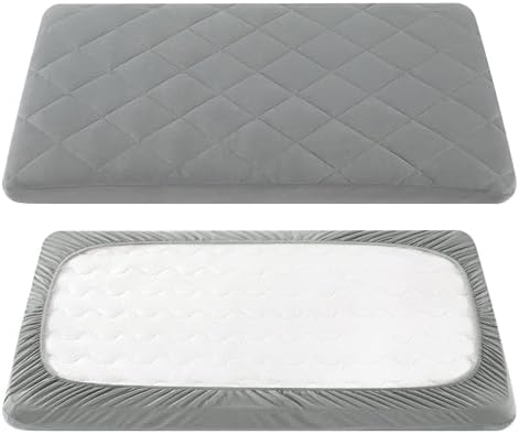 TILLYOU Pack and Play Sheet - Soft Quilted Crib Cover Pad, Toddlers Mattress Protector with 1''-3'' Deep Pocket, Thick Play Yard Playpen Sheets, Breathable Fluffy Crib Mattress Pad, 39"x27", Grey