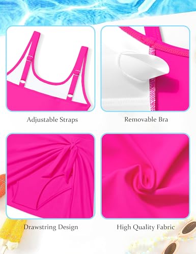 Girls One Piece Swimsuit Solid Color Swimwear Dress Round Neck Drawstring Bathing Suit for Girls 7-16Y4