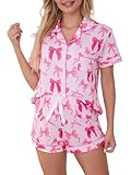 SMENYITRA Cute Pj Bow Pajamas Sets for Women Matching 2 Piece Pjs Button Up Short Sleeve Comfy Summer Lounge Sleepwear Pink C Medium