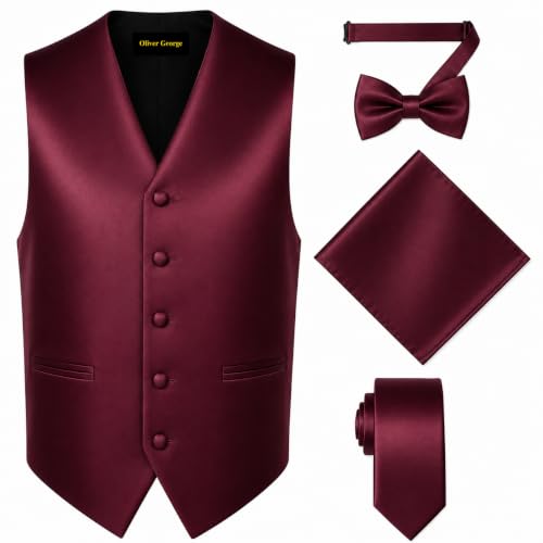 Image of Oliver George 4pc Men's Solid Formal Suit Waistcoat Tuxedo Dress Vest Necktie Bowtie Handkerchief Set for Suit or Tuxedo