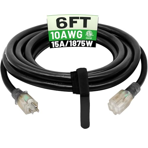 POWGRN 6 Ft 10AWG Black Outdoor Extension Cord Waterproof Heavy Duty 10 Gauge 3 Prong Flexible Cold-Resistant Power Cord Indoor & Outside with Lighted Indicator End 15Amp 1875W SJTW ETL Listed
