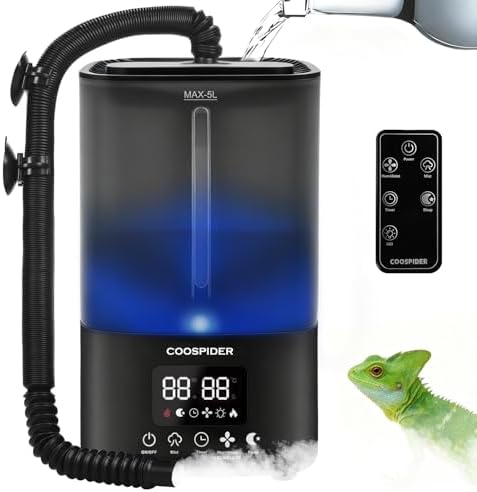 Tararium Nebulizador de terrario de 5 litros con temporizador y sensor de humedad – Humidificador automático de reptiles para serpientes, camaleones, tortugas – niebla ultrasónica silenciosa