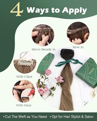 Image of Ugeat Balayage Human Hair Weft Extensions Ombre Sew in Weft Hair Extensions Human Hair Darkest Brown Balayage Medium Mix Golden Brown Invisible Double Weft 16 Inch 100G