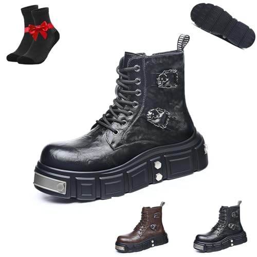 Kirposh Botas góticas punk para homem, botas de combate com cordões e fecho lateral, botas de plataforma de couro, antiderrapantes e com aumento de altura., Black Heightened Versão, 39 EU