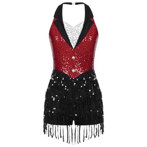 JEYPINMI Women's Sequins Leotard Set Ballroom Dance Dress Costume Cocktail Outfits with Gloves and Hats Red Large Cover