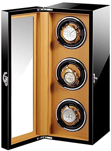 GAROEN Caja enrolladora de Relojes automática con 3 Almohadas retráctiles, Motor silencioso, Exterior de Pintura de Piano, Adaptador de CA y alimentación por batería (Negro)