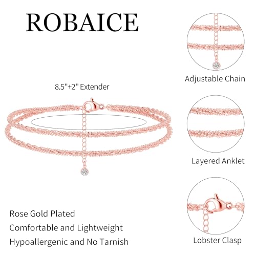 Image of Robaice Ankle Bracelets for Women, Glitter Waterproof Adjustable Anklet for Women, 14K Gold Plated /Sterling Silver Layered Anklets, Summer Beach Anklet Jewelry for Women Gift