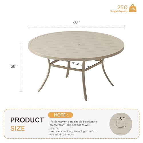 Image of VICLLAX 60 inch Outdoor Round Patio Table for Lawn Garden, All Weather Metal Round Patio Dining Table with Adjustable Umbrella Hole, Outdoor Table for 8-10 Person, Cream Color Tabletop