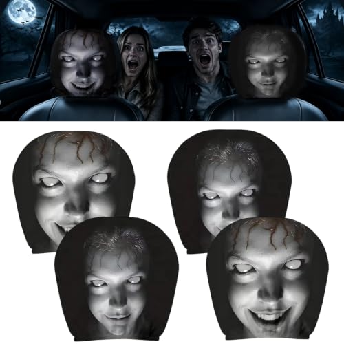Dexspoeny Ghost Face Headrest Covers, 4 Pcs – Double-Sided Scary Print Stretchy Polyester Protectors for Car, Truck, SUV Halloween Interior Decor