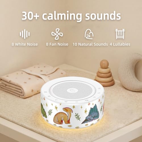 Image of Kipcush White Noise Machine for Baby & Adults, 30 Soothing Sounds, Soft Non-Glare Nursery Lamp, 8 Color Night Lights, Memory Function (New Orange /Dinosaur, Standard)