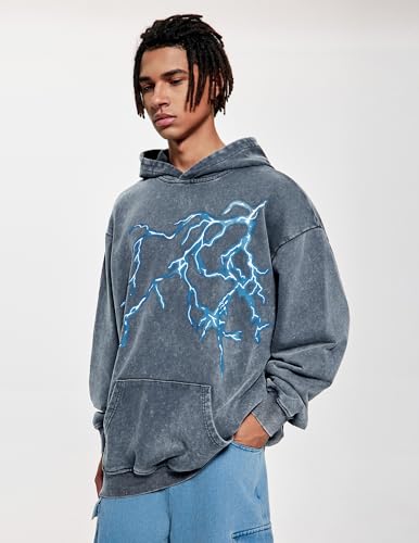 Vamtac Lightning Graphic Hoodies for Men Oversized Unisex Wash Hoodie Y2k Vintage Pullover Hooded Sweatshirt