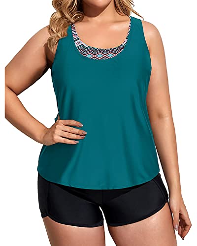 Image of Holipick Women Plus Size Swimsuits - Athletic 3 Piece Tankini with Shorts | Sports bikini top, high waist shorts, tank top, removable pads. Athletic style for water activties