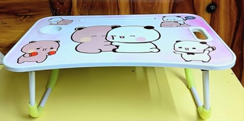 Image of Foldable Kids Study Table - Portable Multipurpose Bed Desk with Cup Holder & Handle, Cartoon Dudu and Bubu Design for Study, Drawing, Reading, Eating, Writing