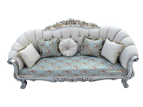 Image of Wooden 5 Seater Sofa Set, Solid Wood Hand-Carved Sofa with Silver Deco Finish, Luxury Traditional Design Furniture for Living Room, Home, Office